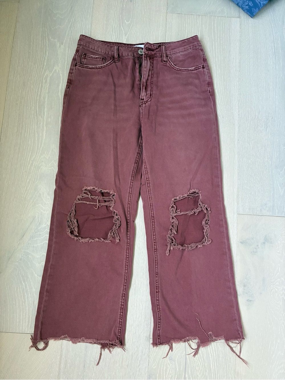 Vervet High-Rise Wide-Leg Distressed Jeans in Burgundy